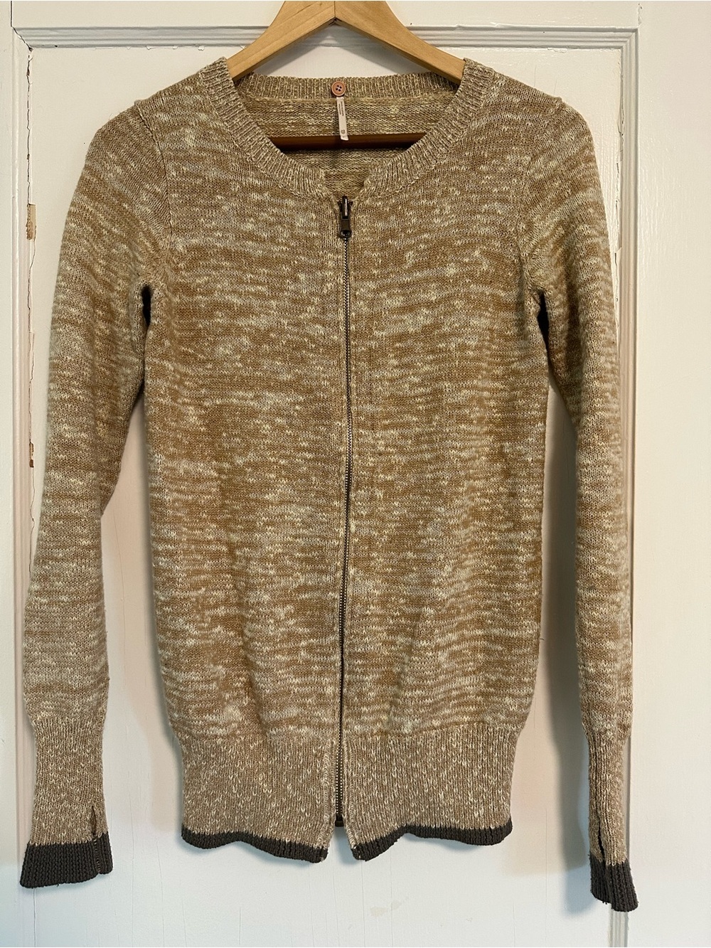 Free People Marled Beige and Cream Zip Front Sweater
